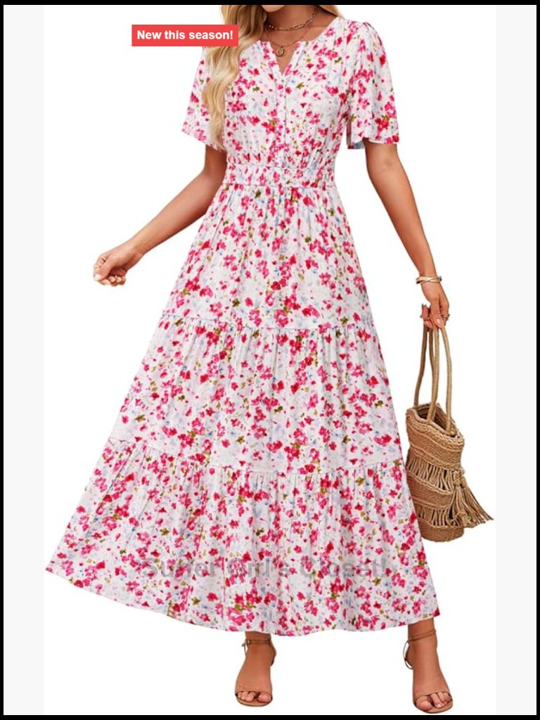 Floral Boho Maxi Dress Short Sleeve V Neck A-Line Lightweight